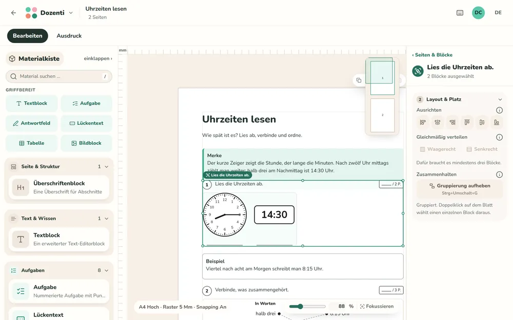 Der Dozenti-Editor: links die Materialkiste mit Bausteinen wie Textblock, Aufgabe und Lückentext, in der Mitte das Arbeitsblatt „Uhrzeiten lesen“ mit ausgewählter Uhr-Aufgabe, rechts die Einstellungen zum Ausrichten und Gruppieren.
